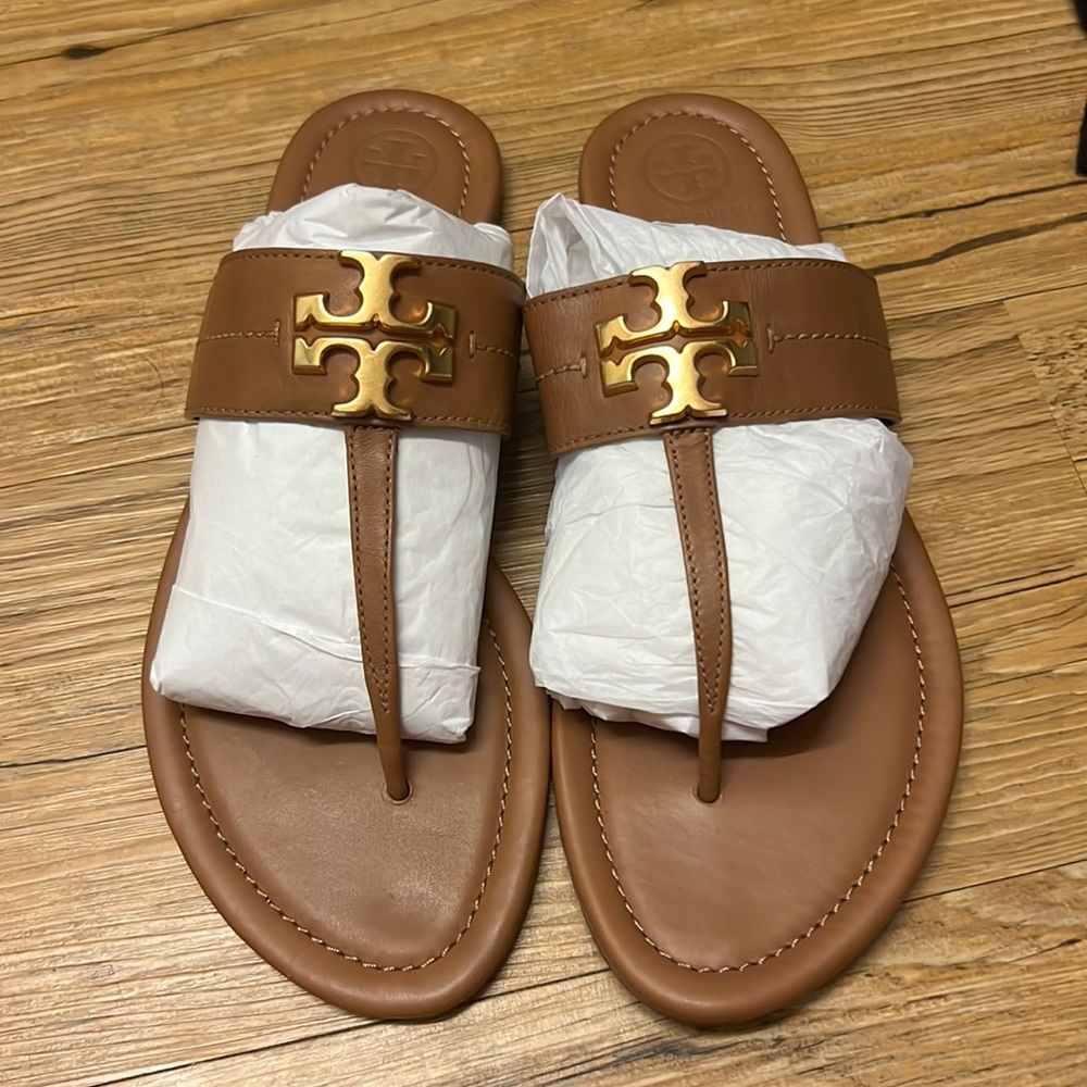 Tory Burch slides size8 Royal Tan everly backless flat thong sandal calf leather